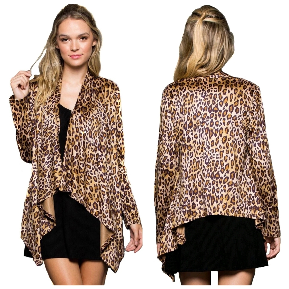 GeeGee Small Faux Suede Leopard Print Open Front Cardigan Y2K Coquette‎